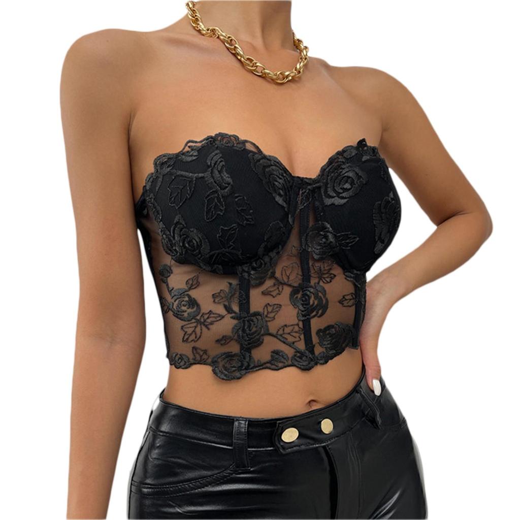 FASHION Women Bustier Tube Tops Embroidery Flower See Through Off Shoulder Tank Tops Daily Club Party Casual Slim Fit Summer Crop