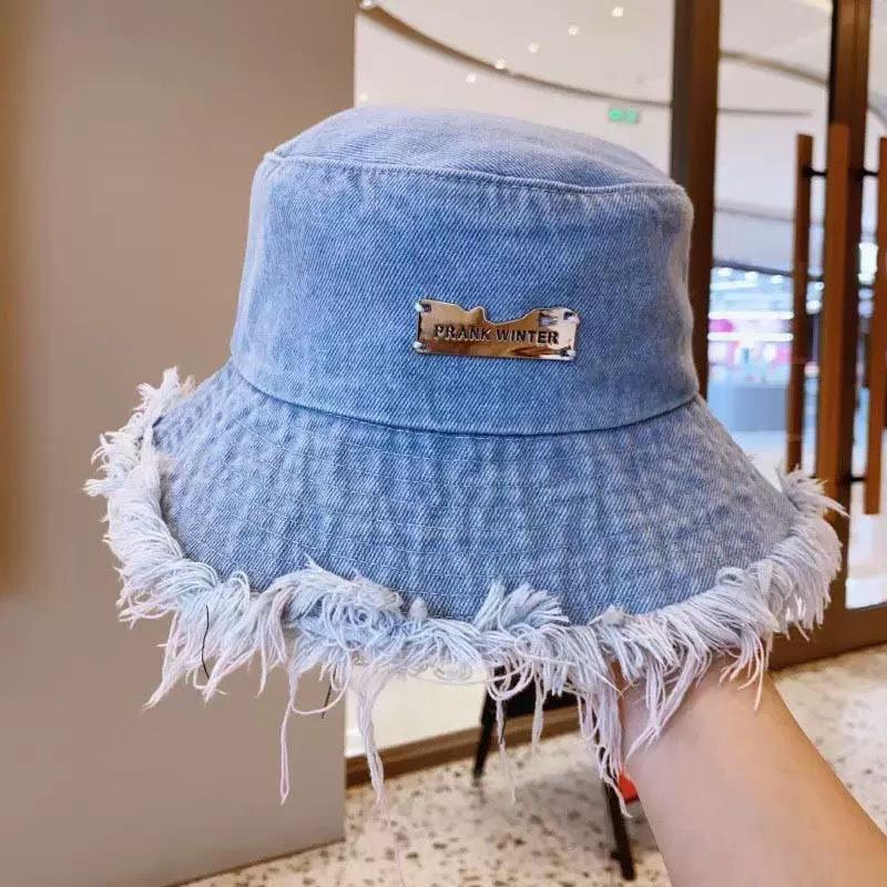 New Summer Washed Denim Blue Bucket Hat For Women Outdoor Sunshade Fisherman Cap Wide Brim Tassel Edge Label Sun Hat For Men