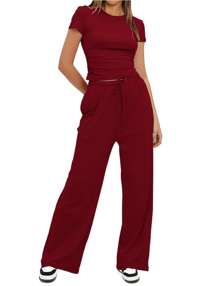 Solid Color Casual Long Sleeve Set Top High Waisted Wide Leg Pants Sportswear