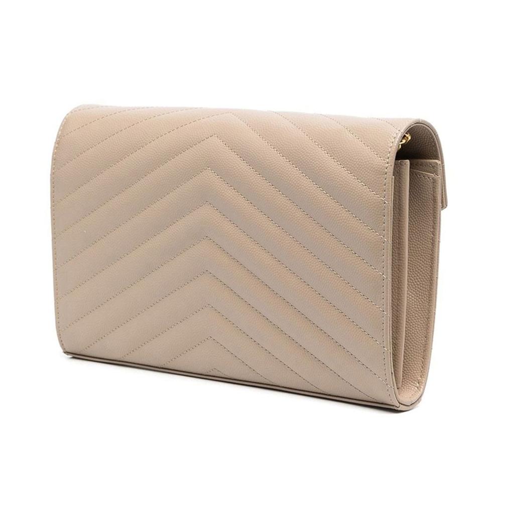 Saint Laurent Ysl Monogram Logo Dorato Pelle Granulosa Trapuntata Portafoglio a Catena Borsa a Spalla Borse Donna Beige Scuro 377828-BOW01-2721