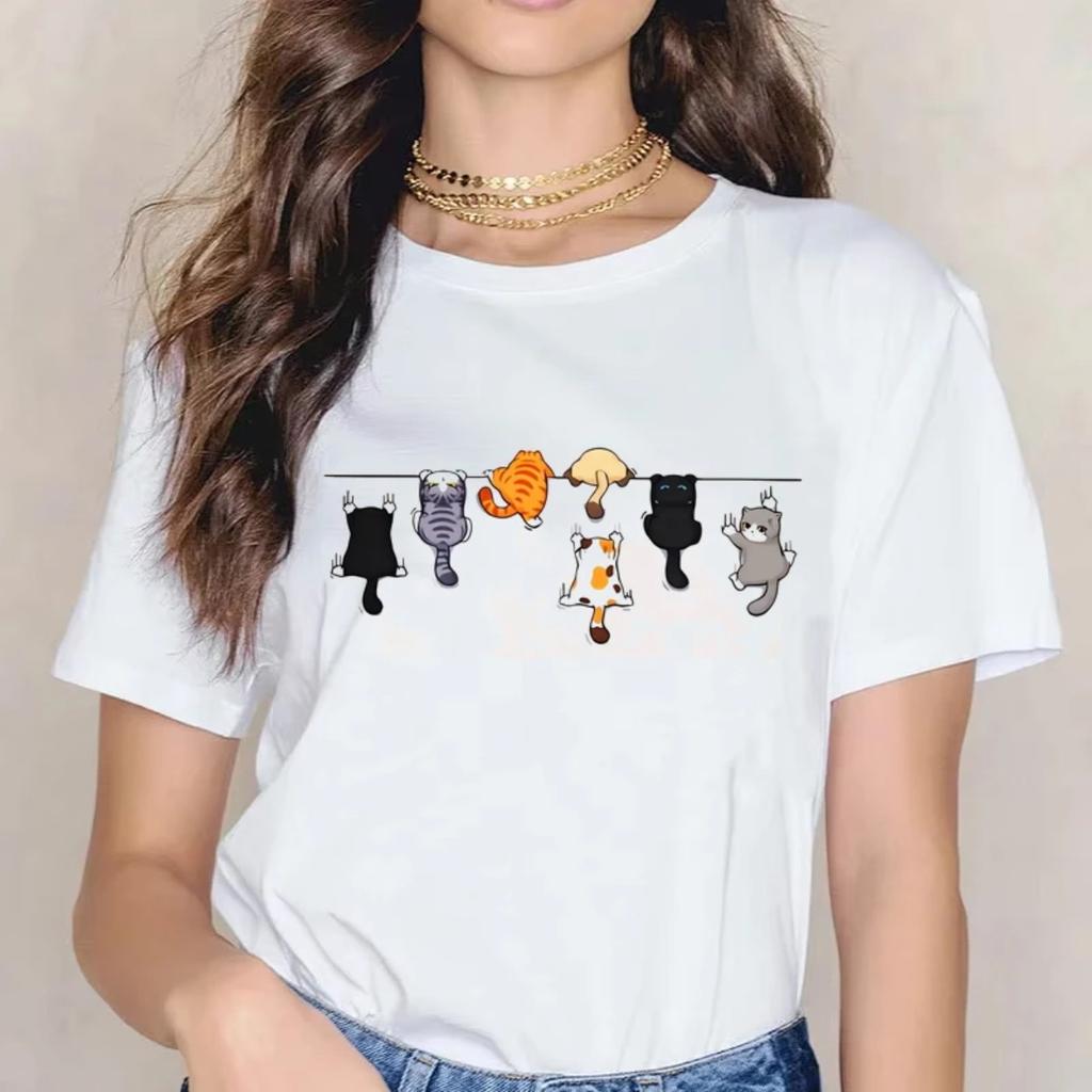 Fashion Unisexs Tshirt Cute Cat Print Short Sleeve Tshirt Harajuku Casual Summer Round Neck Streetwear Female Clothes Top Tee