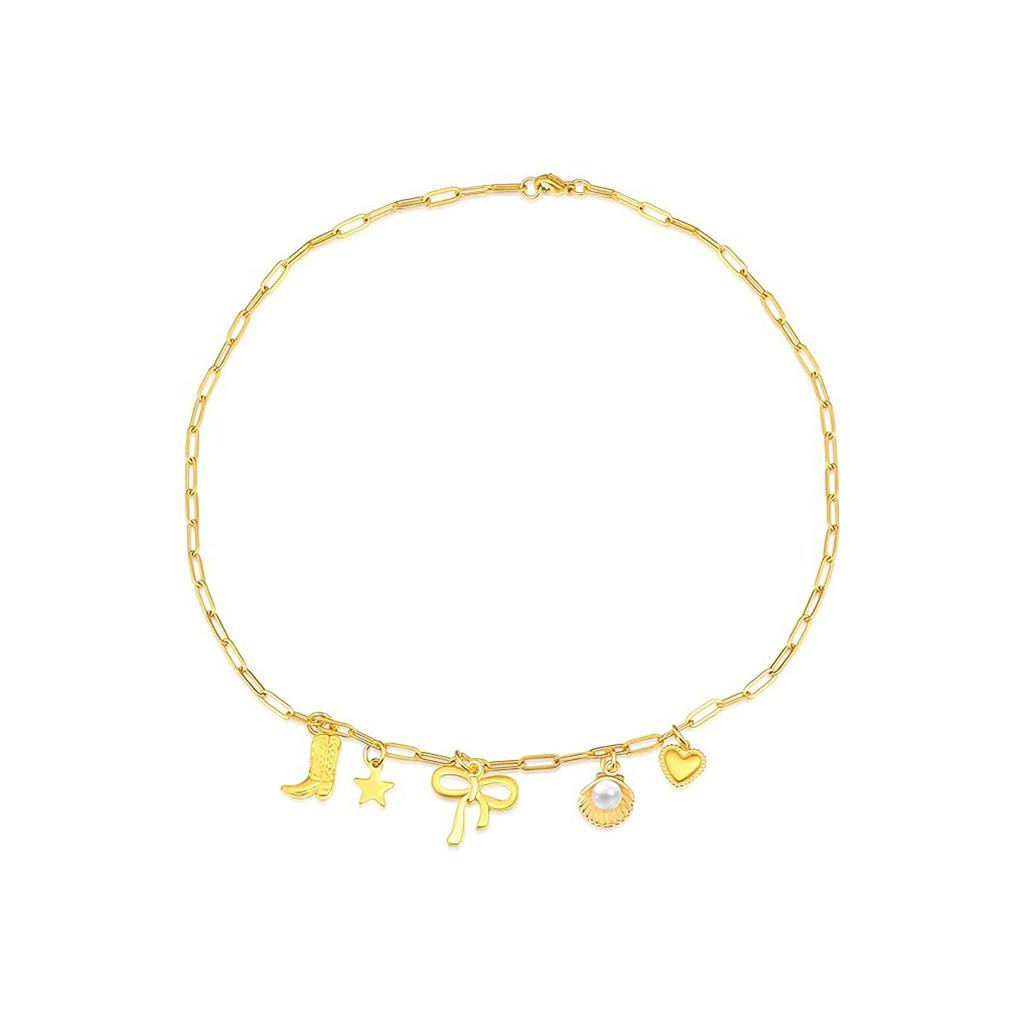 Paper Clip Necklace Bow Pentagram Shell Pearl Love Denim Boots Necklace