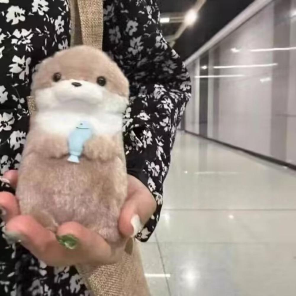 Cute Otters Holding Fish Plush Doll Keyrings Lightweight Hanging Pendant Props For School Bag Key Wallet Doll Toy Gifts 11cm