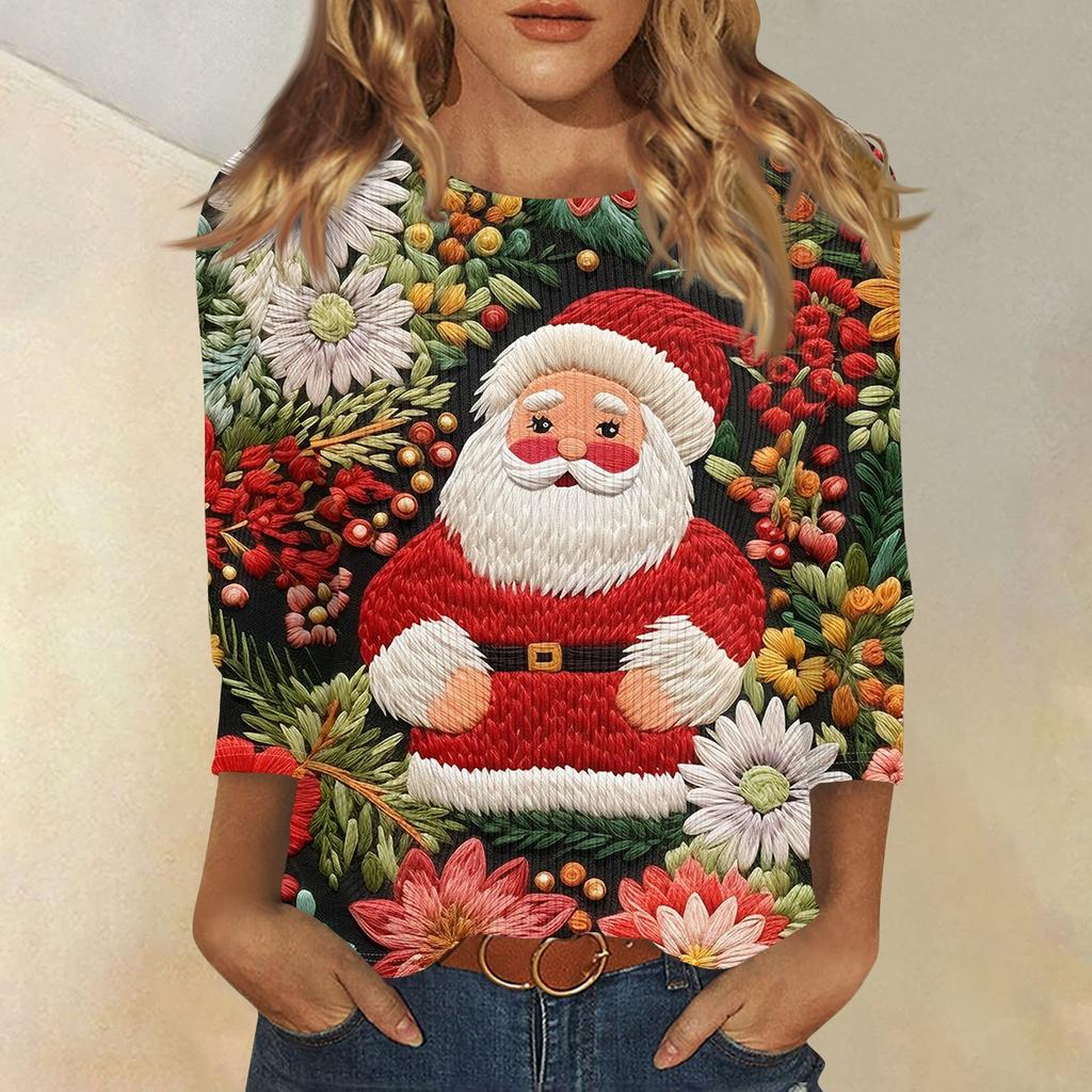 Damenmode und Winter Lässiges Rundhals-T-Shirt mit gebürstetem, geripptem Weihnachtsdruck und Dreiviertelärmeln, Damenbekleidung