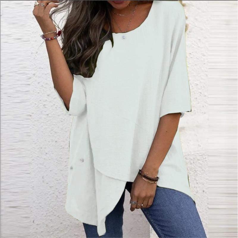 Women's Cotton Linen Round Neck Irregular Shirt Five-quarter Sleeve Tops Women’s