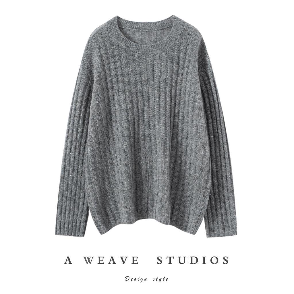 Women's Cashmere Round Neck Sweater - Autumn/Winter Soft Knit with Sequins, Long Sleeve Base Layer