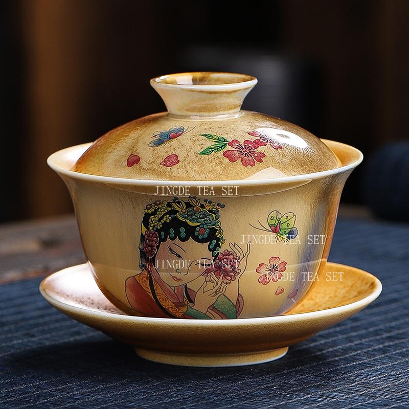 140ml Handbemalte Drei-Talente-Schale mit Deckel Keramik Landschaft Chinesischer Stil Teeschale Chinesischer Haushalt Unterglasurfarbene Teeschale