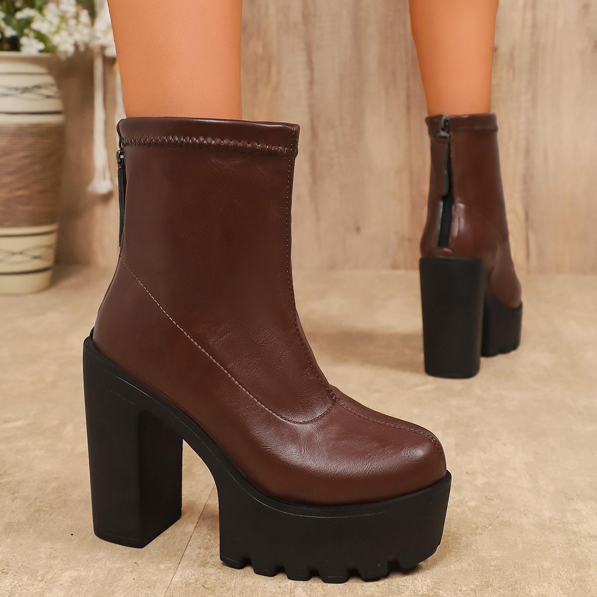 

2025 осень круглый носок водонепроницаемые настольные толстая подошва молния сзади модные ботинки высокий каблук толстый каблук 2025 большой размер короткие ботинки дети 43 коричневый