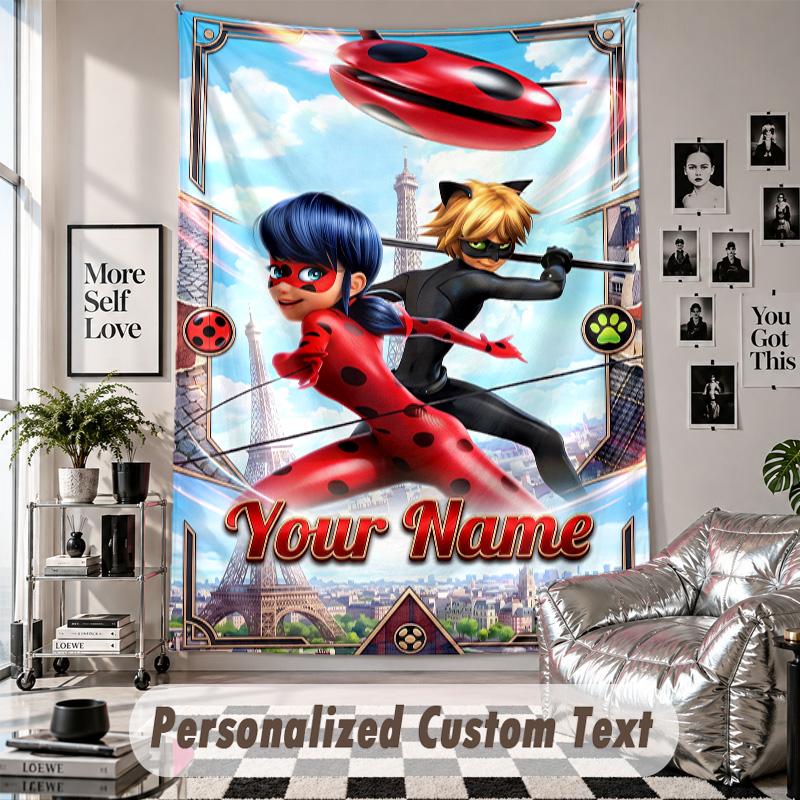 Wandtapijt met Gepersonaliseerde Naam & Tekst, Miraculous Ladybug Decoratief Tapijt Voor Slaapkamer