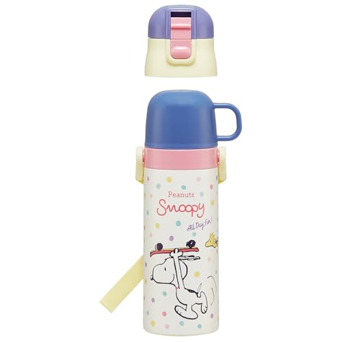 Skater Children's Water Bottle, 2-Way, 470ml (Direct Drinking) or 430ml (Cup Drinking), Snoopy Skateboard Design, for Boys and Girls, Stainless Steel,