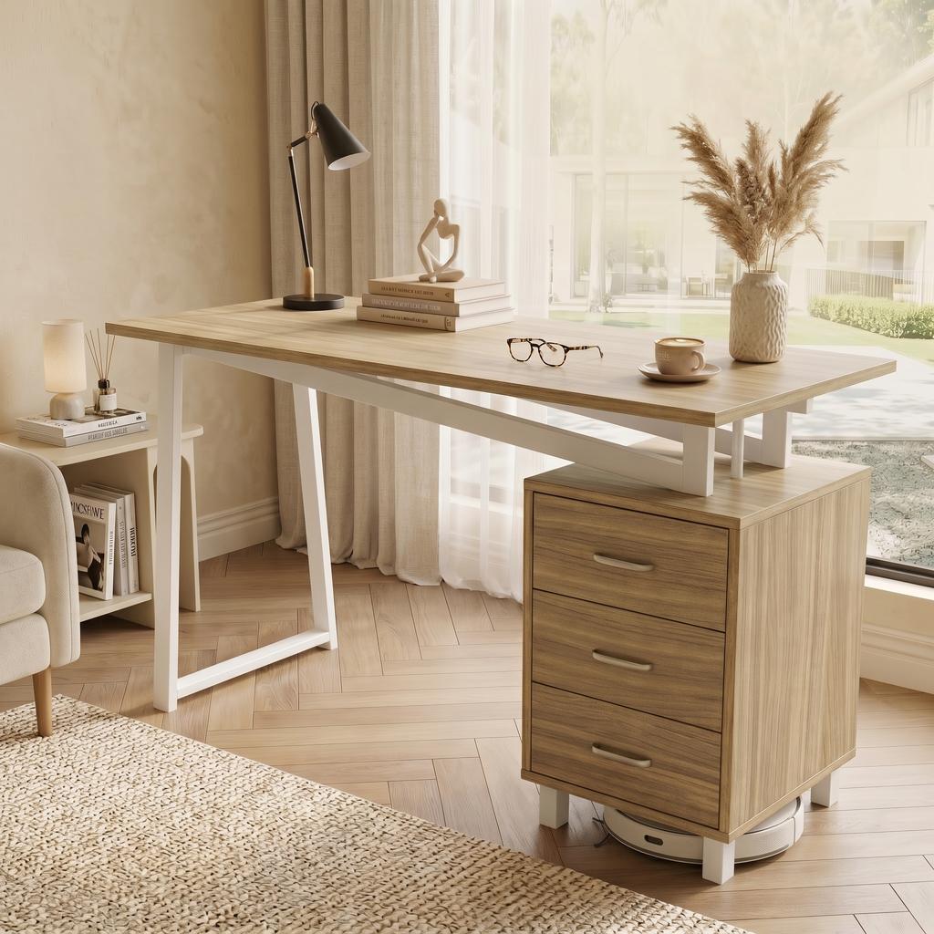130*55*75cm, Prostorný psací stůl s úložným prostorem, Materiál MDF s vysokou hustotou, Výsuvy zásuvek, Trojúhelníkové podpěry, Snadná montáž a čištění, Přírodní dřevo + Bílá