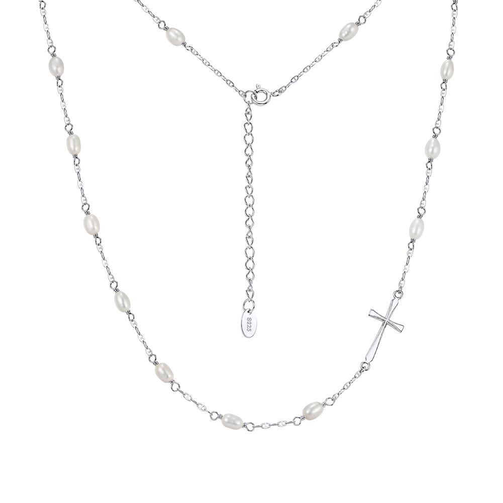 ORSA JEWELS 925 Sterling Silver Simple Choker Necklace with Natural Pearls for Women Party Banquet Cross Jewelry GPN106