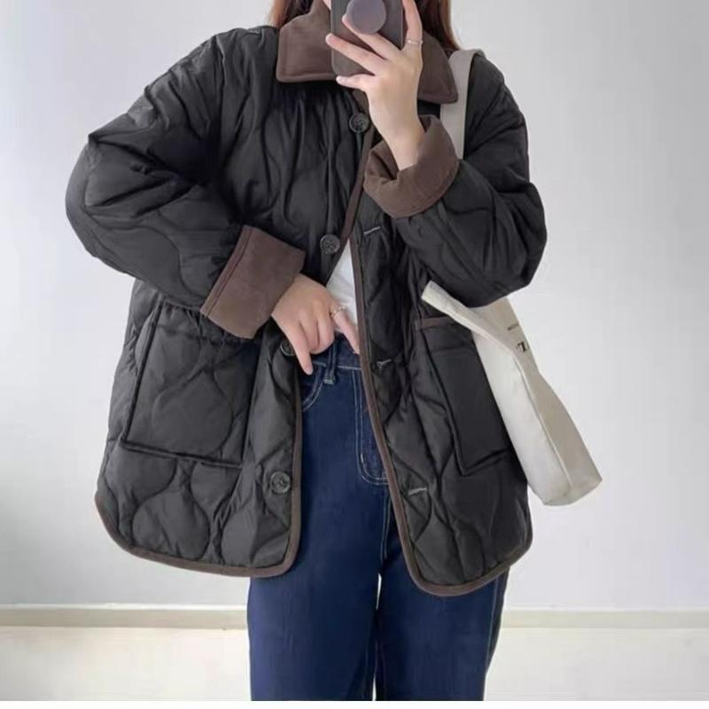 Cotton Women's Short Contrast Color Trendy Design Lapel Contrast Color Rhombus Winter Jacket Is Light and Thin