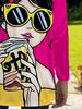 Ladies with pocket cartoon graffiti print loose long-sleeved T-shirt, fashion trend versatile top, bright pink shows temperament