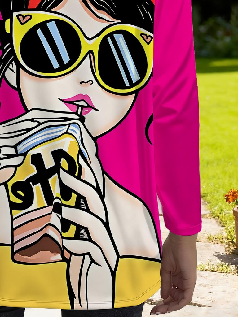 Ladies with pocket cartoon graffiti print loose long-sleeved T-shirt, fashion trend versatile top, bright pink shows temperament