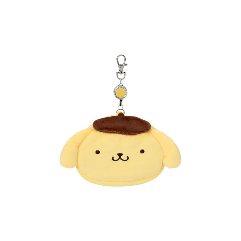 SANRIO Face-Shaped Pass Case & Pouch - Pompompurin - Cotton-PVC-Steel-Polyester - Card Holder with Retractable Reel - Small Item Storage - Suitable