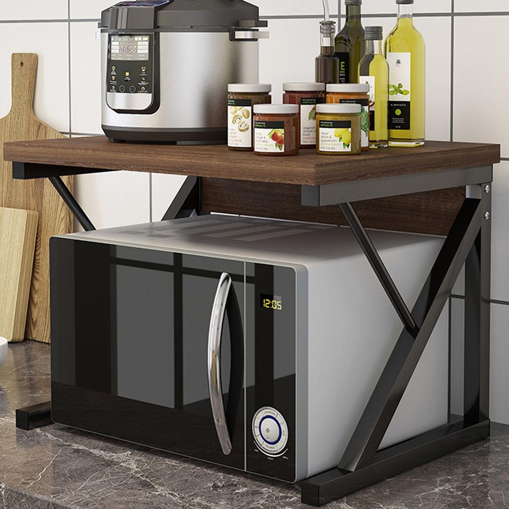 2 Tier Microwave Oven Stand Wood Storage Rack Shelf Z Shape Space Saving Kitchen Bracket Cabinet Organizer Metal + Wood 21.25x13.77x14.17in