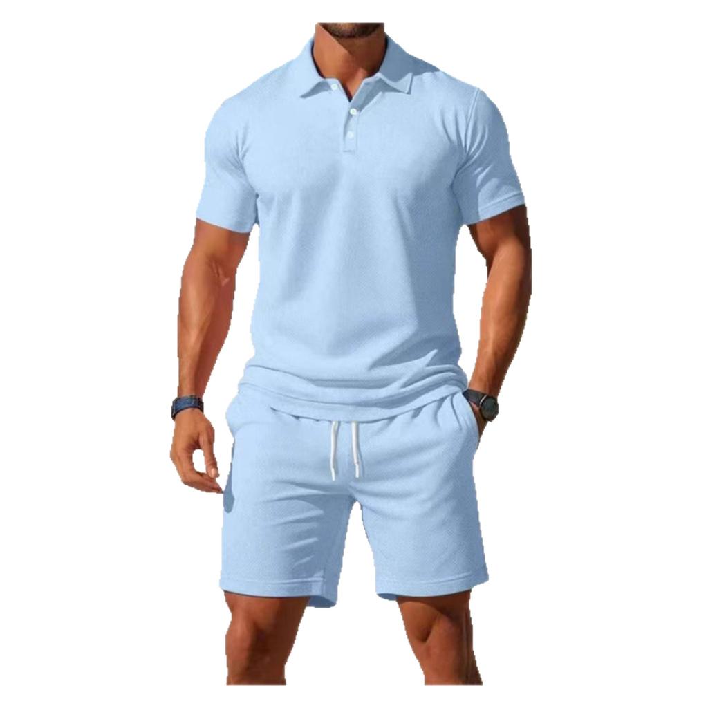 Herren Sommer-Zweiteiler Einfarbiges Kurzarm-Polohemd Shorts mit Kordelzug und elastischem Bund Lässiges Strand-Geh-Trainingsanzug-Set