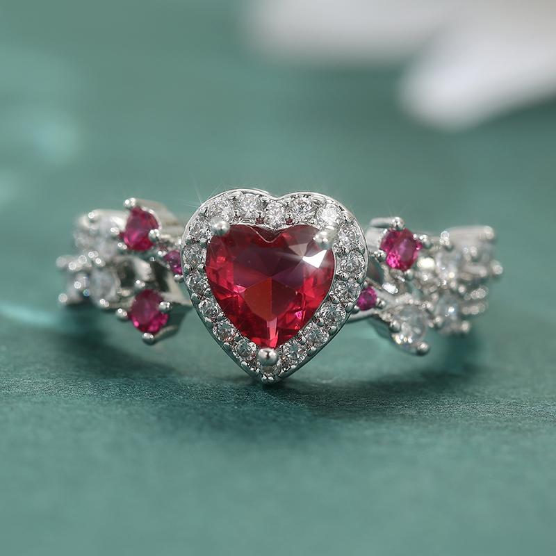 Exquisite Inlaid White Red CZ Heart Women's Ring Sparkling CopperColor Geometry Daily Wear Party Jewelry Anniversary Gift
