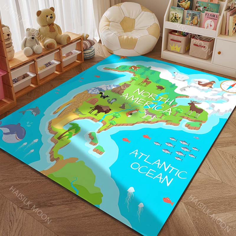 Cartoon Map of Five Continents with Animals Print Carpet for Living Room Bedroom Sofa Doormat Decor Kids Room Area Rug for Gifts