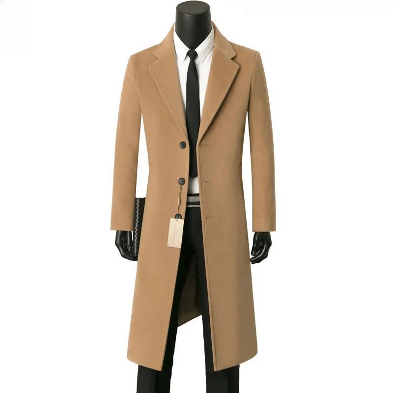 Autumn Winter Men's Woolen Overcoat Medium-Length Business Casual Warm Windbreaker Suit Collar Jacket for Dad