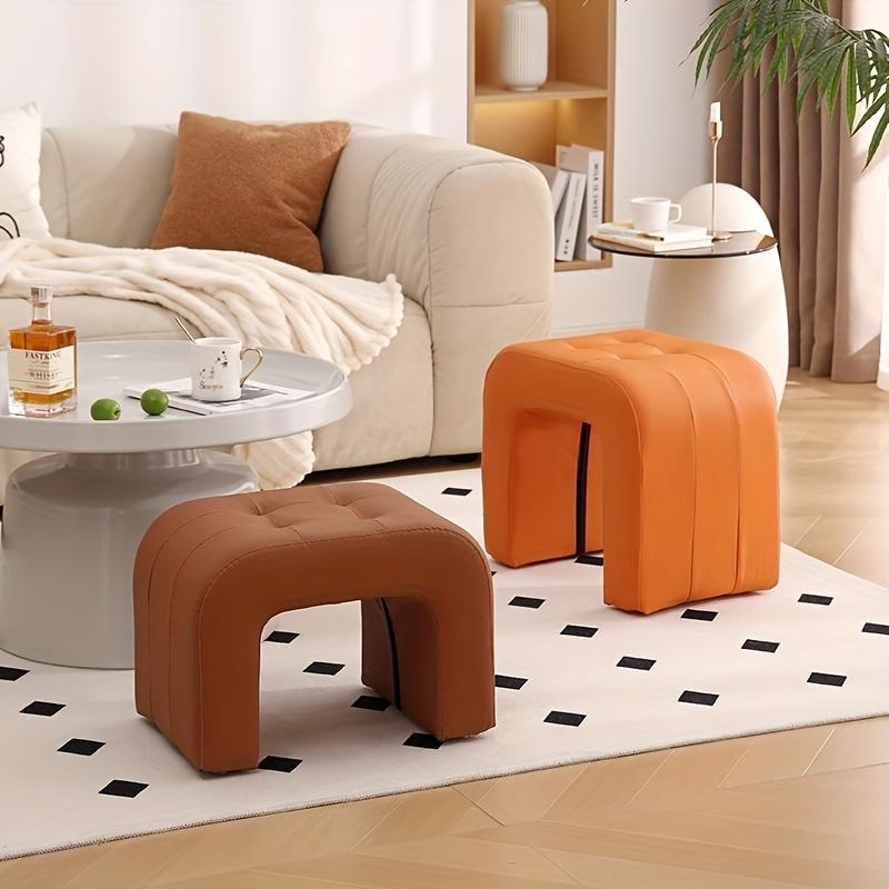 Solid Wood Upholstered Stool, Multifunctional Soft Faux Leather Low Stool for Living Room, Compact Shoe Changing Bench
