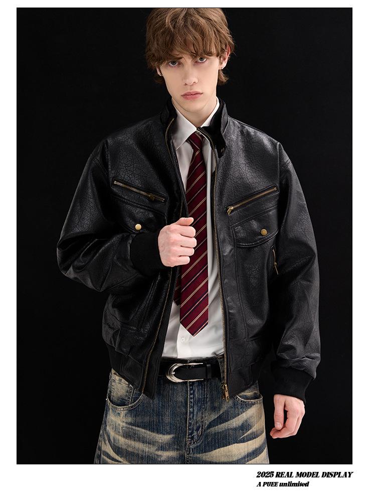 Men's Retro Litchi Pattern PU Leather Winter Motorcycle Jacket