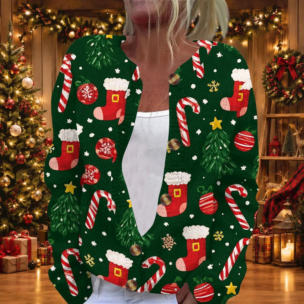 Damen Weihnachtsdruck Langarm Strickjacke, Knopfleiste Feiertagspullover