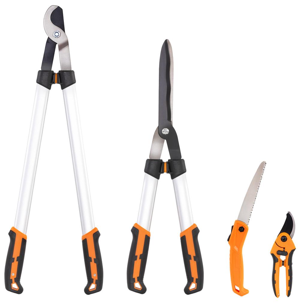 Garden Shears, Set of 4, Hedge Trimmer, Loppers, Pruners, Folding Saw, Aluminum Handle
