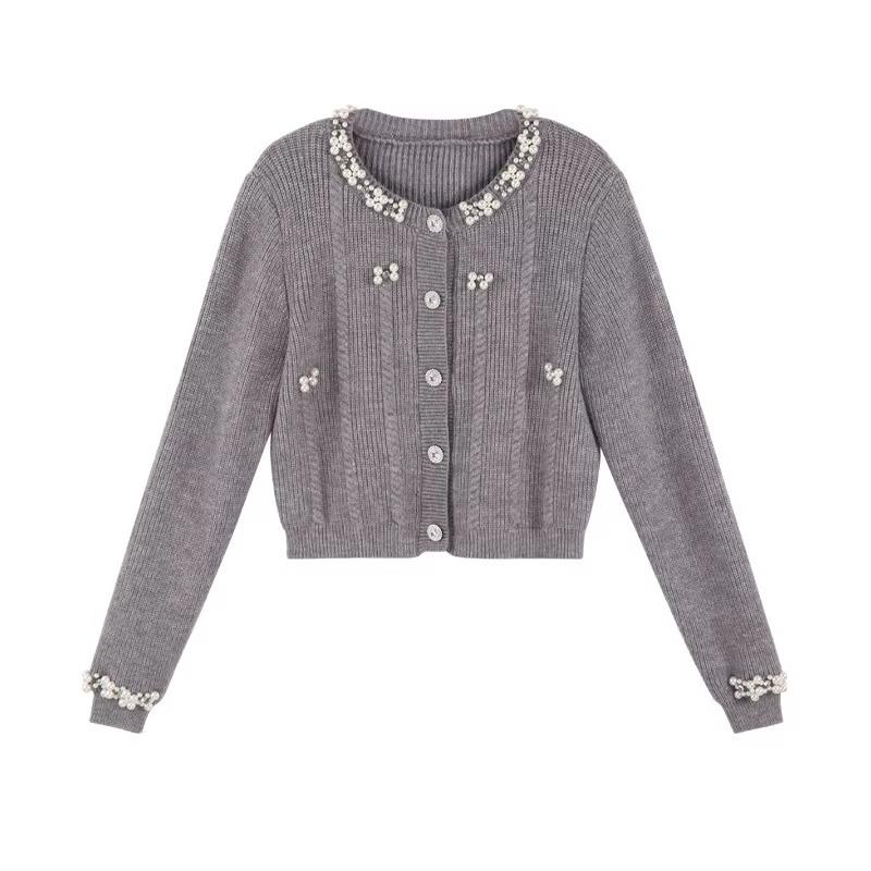 2026 Autumn/Winter French Chic Beaded Knit Jacket with Pearl Collar – Versatile Design