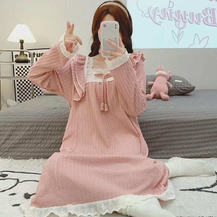 6535 Jacquard Cotton Pajamas - Women's Sweet Long-Sleeve Mid-Length Nightdress, Plus Size (Up To 220 Lbs) for Spring & Autumn