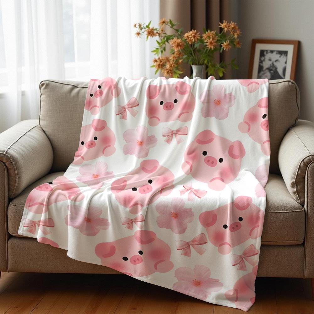 Pink Pig Cherry Blossom Bow Cartoon Anime Print Flannel Blanket Soft Warm Throw for Kids Bedroom Sofa Christmas Office Car