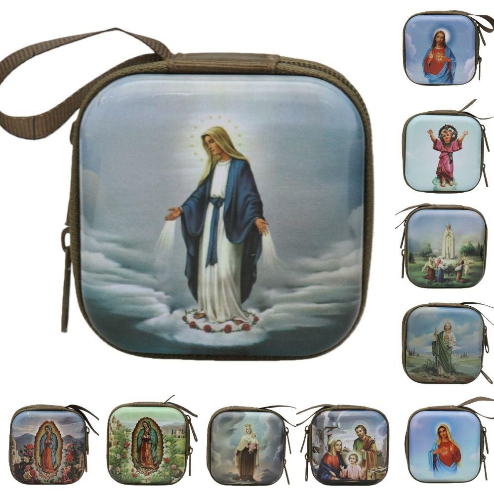Virgin Mary Prayer Rosary Storage Bag 7x7cm Iron Artwork Religious Jewelry Box Elegant Cartoon Prayer Kit Religious Articles