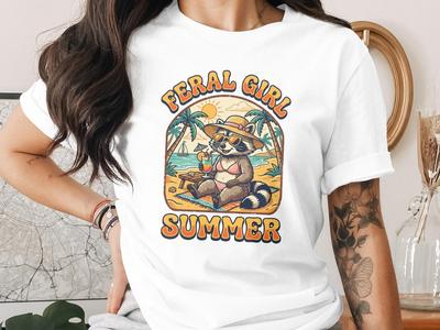 Feral Girl Summer Shirt | Retro Raccoon Beach T-Shirt, Funny Trash Panda Graphic Tee, Vintage Aesthetic Beach Girl Top, Summer Gift for Her