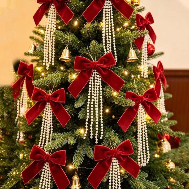 5PC Pearl Flocking Bow Christmas Tree Ornaments Xmas Tree Decor Hanging Pendants Window Wall Decor Home Party 2027New Year Gift