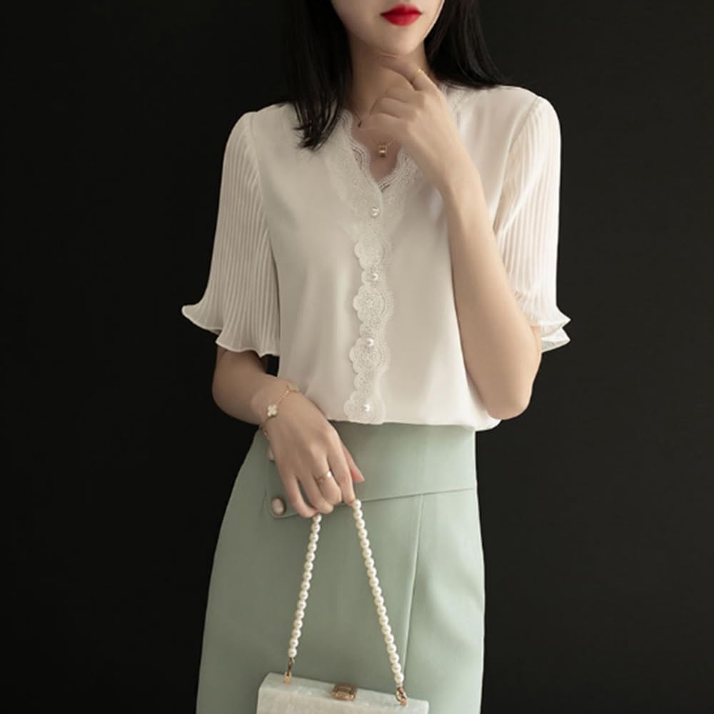 Lace Blouse Chiffon Tops Flared Short Sleeve Korean Style Summer Stylish Neat Thin Adult Cute Loose Fit Slimming Casual Office Commuting OL Date