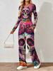 Floral pattern printed women's V-neck long-sleeved trousers set Comfortable casual versatile slim two-piece set