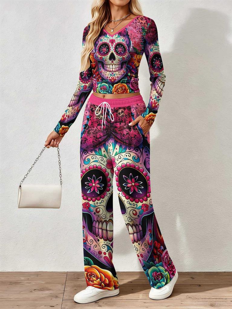 Floral pattern printed women's V-neck long-sleeved trousers set Comfortable casual versatile slim two-piece set