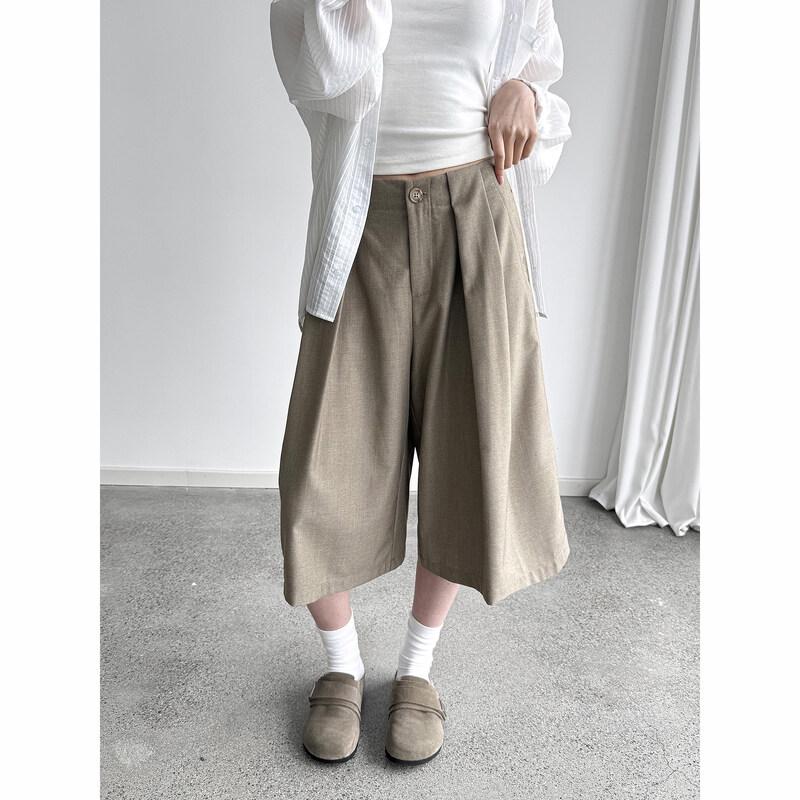ICH MODE Women s Solid Pleated High-Waist Capri Pants M
