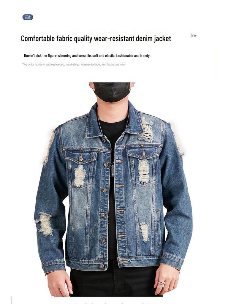 Xintang Ripped Distressed Men's Denim Jacket - Loose Long Sleeve Streetwear Outerwear for Spring
