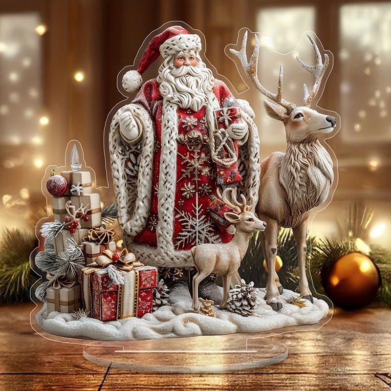1pcs Christmas Reindeer Sleigh Santa Figurine 2D Acrylic Christmas Santa Claus On Sleigh Decoration Holiday Party Supplies