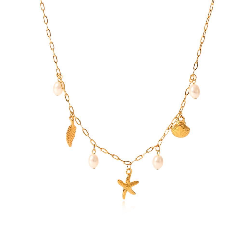 Beach Starfish Shell Pendant Necklace with Pearl Accents for Women