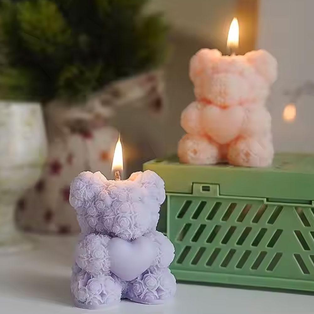 Romantic Rose Love Bear Silicone Candle Mold Flower Rabbit Plaster Doll Making Tool Heart Bunny Wedding Party Decor  Bride Gifts