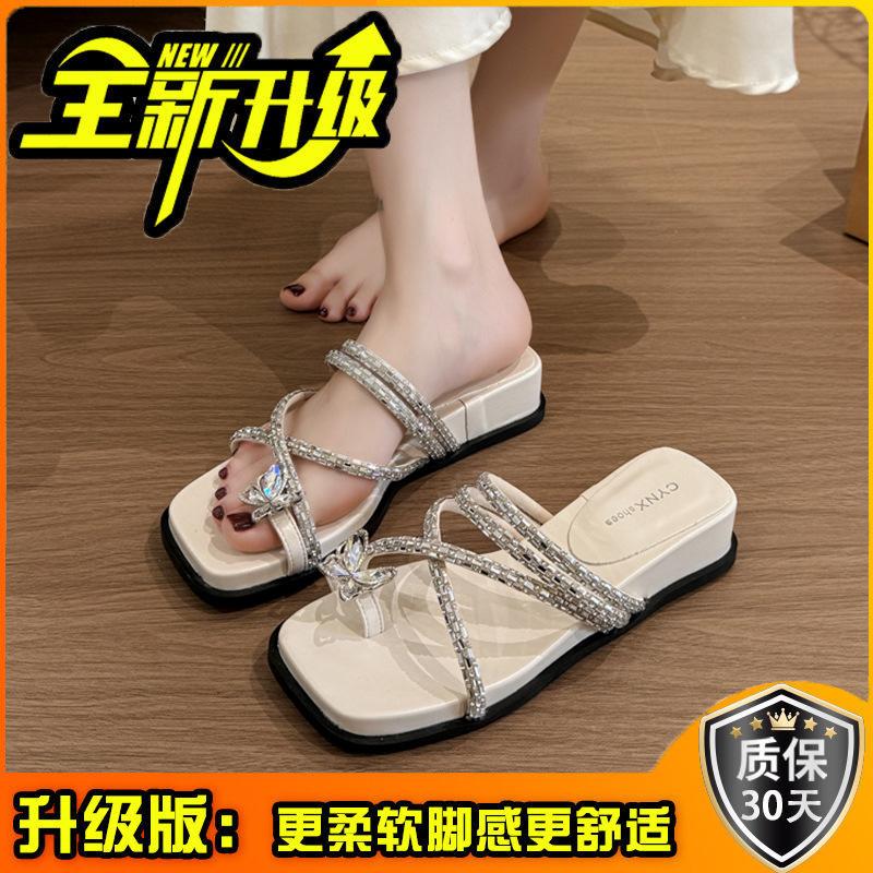 2025 new Korean version of rhinestone flat-bottomed slippers women's Mary Jane shoes breathable butterfly soft-soled slope heel cool slippers tide