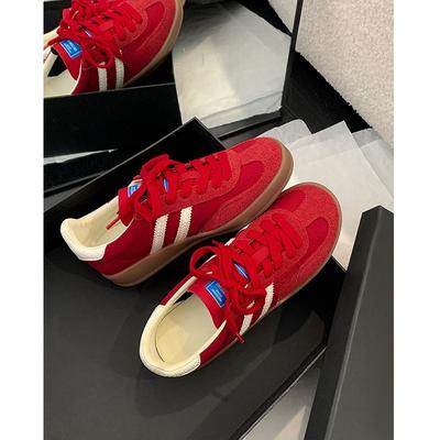 Cowhide Version Soft Leather Retro Red German Training Shoes Women's Shoes Korean Version Lace-up Flat Casual Board Shoes Sports Forrest Gump Shoes
