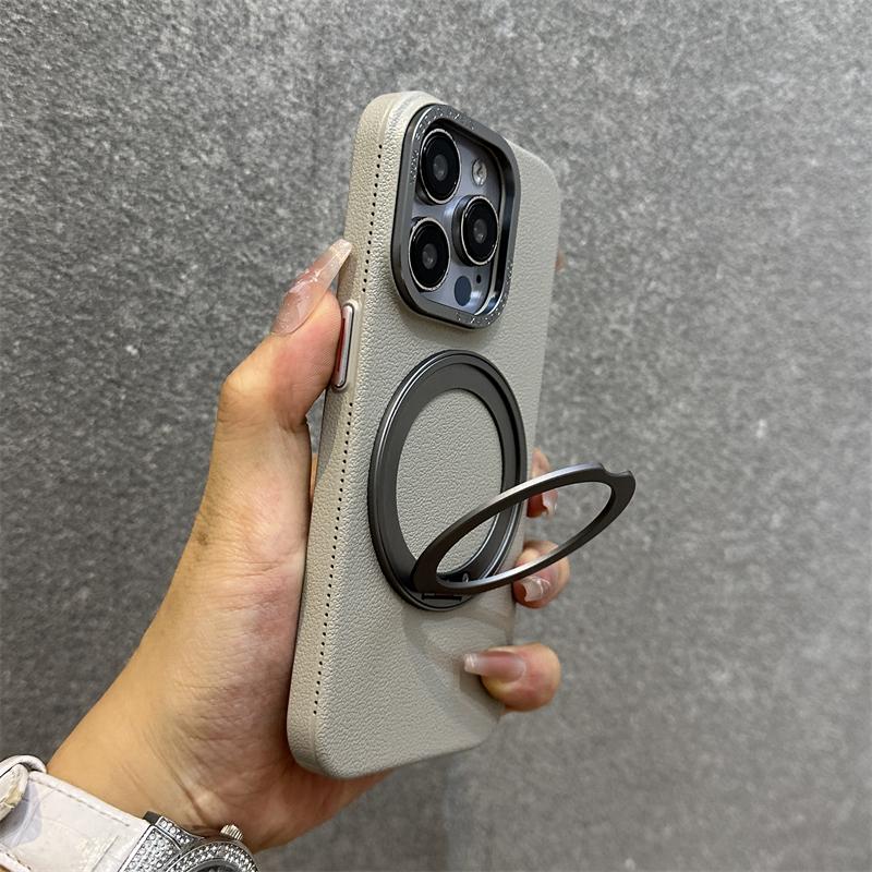 360 Metal Finger Ring Kickstand Magnetic Charging Case For iPhone 12 13 14 15 16 Pro Max Business Leather Metal Buttons Cover