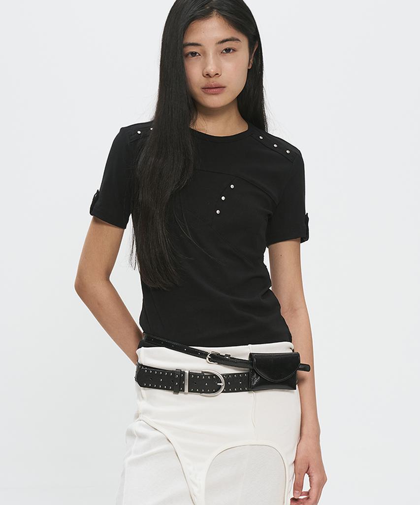 PLACE STUDIO Cut-Out Women'S Studded Point Semi-Crop Short Sleeve T-Shirt [Black]
