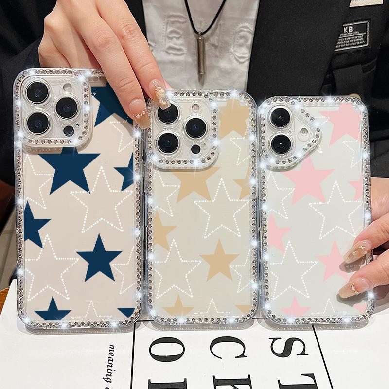 Stars Pattern Diamond Frame Clear Soft Silicone Case For iPhone 16 Pro Max 16E 15 14 Pro 13 12 11 Lens Protection Shockproof Phone Cover