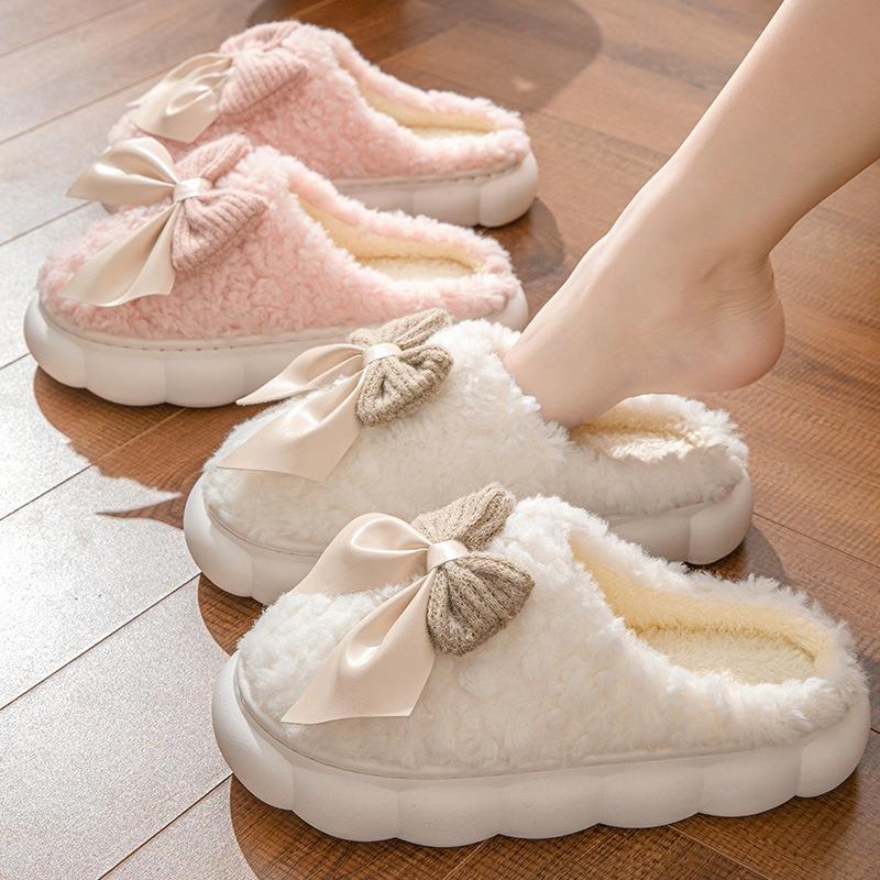 Autumn and winter thickened non-slip home warm fluffy shoes new cute plush bow bag head cotton slippers women