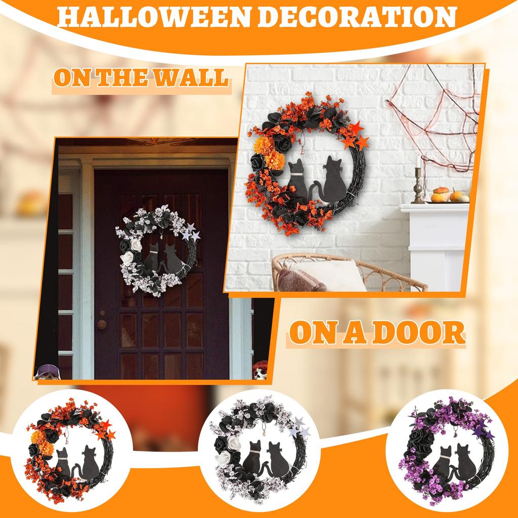 Moon Cat Wreath Couple Moon Cat Wreath, Halloween Decoration Hanging Decoration Door Hanging